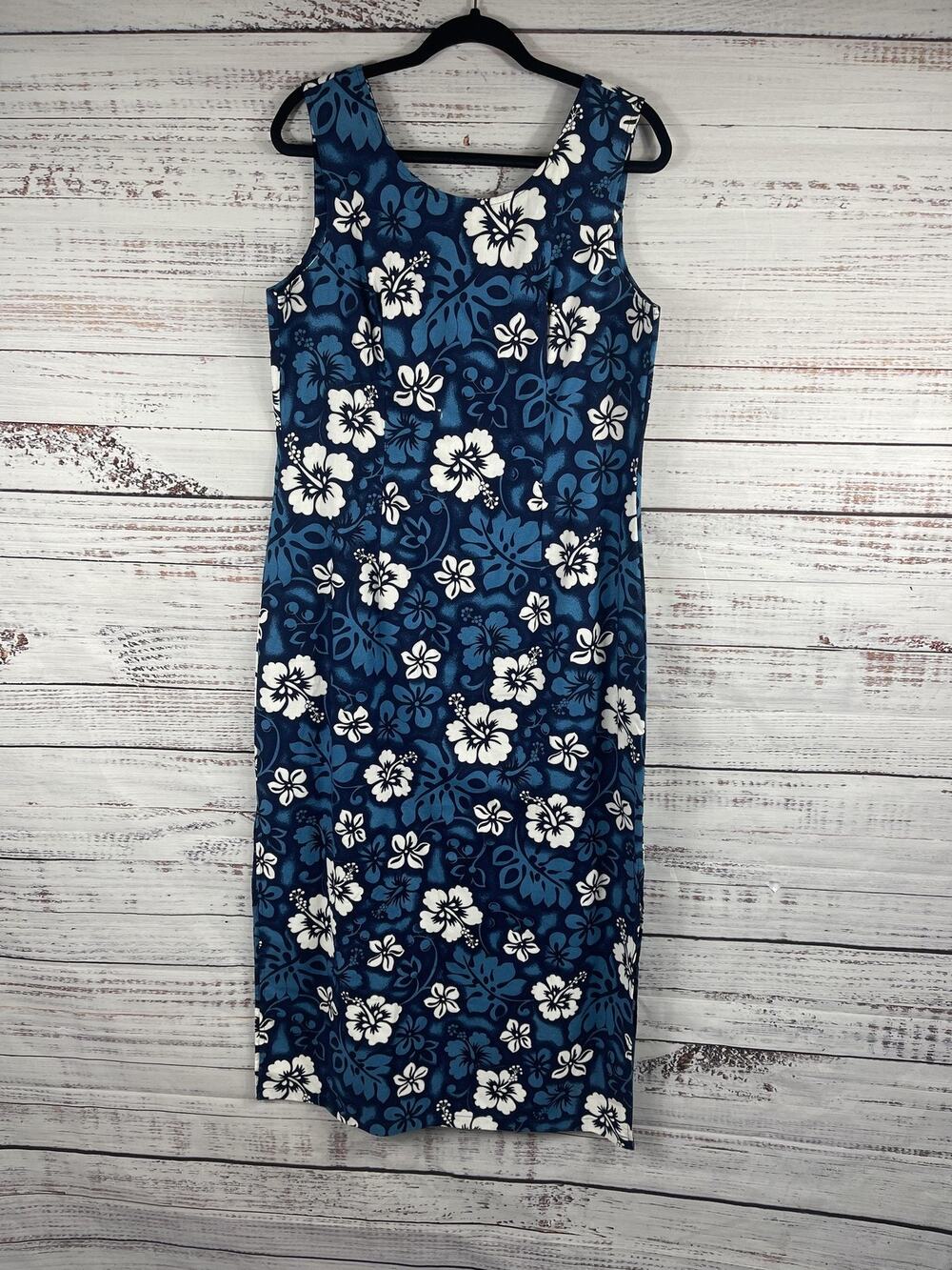 Aloha Republic Dress Womens Medium Blue White Hawaiian Hibiscus Maxi Made in USA